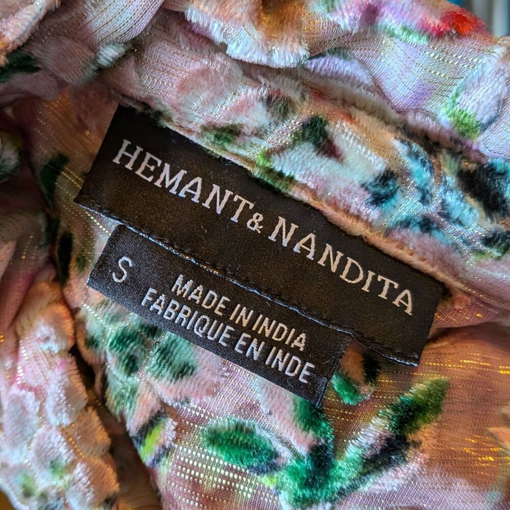 Hemant & Nandita Floral Velvet Midi Dress Triana Button Front Semi Sheer Small - Picture 8 of 10